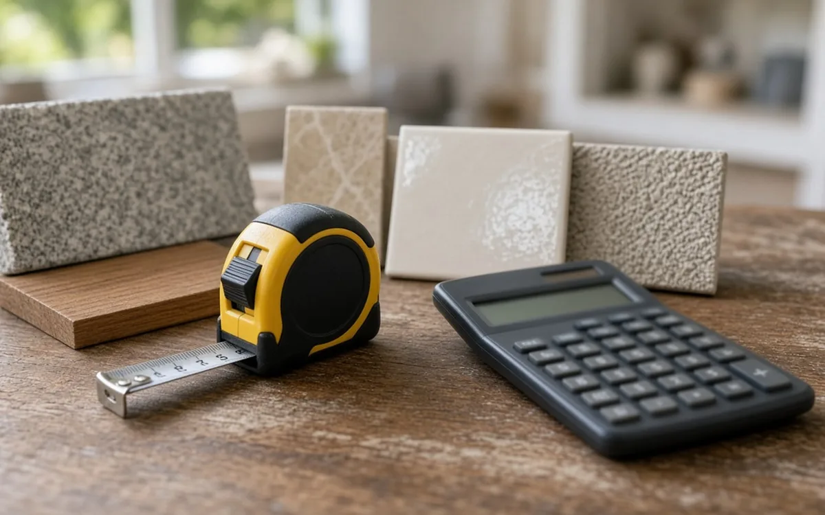 A written handyman estimate on a kitchen counter with line items for a drywall patch, faucet swap and TV mount, next to a calculator and receipts