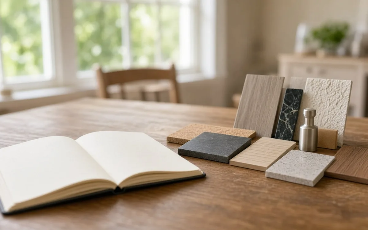 Open blank notebook beside a row of wood, marble, cork and textured tile samples on a dining table near a window