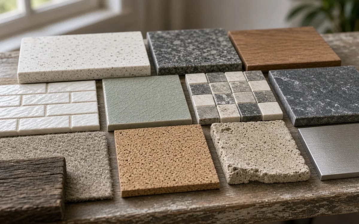 Grid of tile and stone samples: white subway tile, green crackle glaze, granite, mosaic, terracotta, travertine and brushed metal