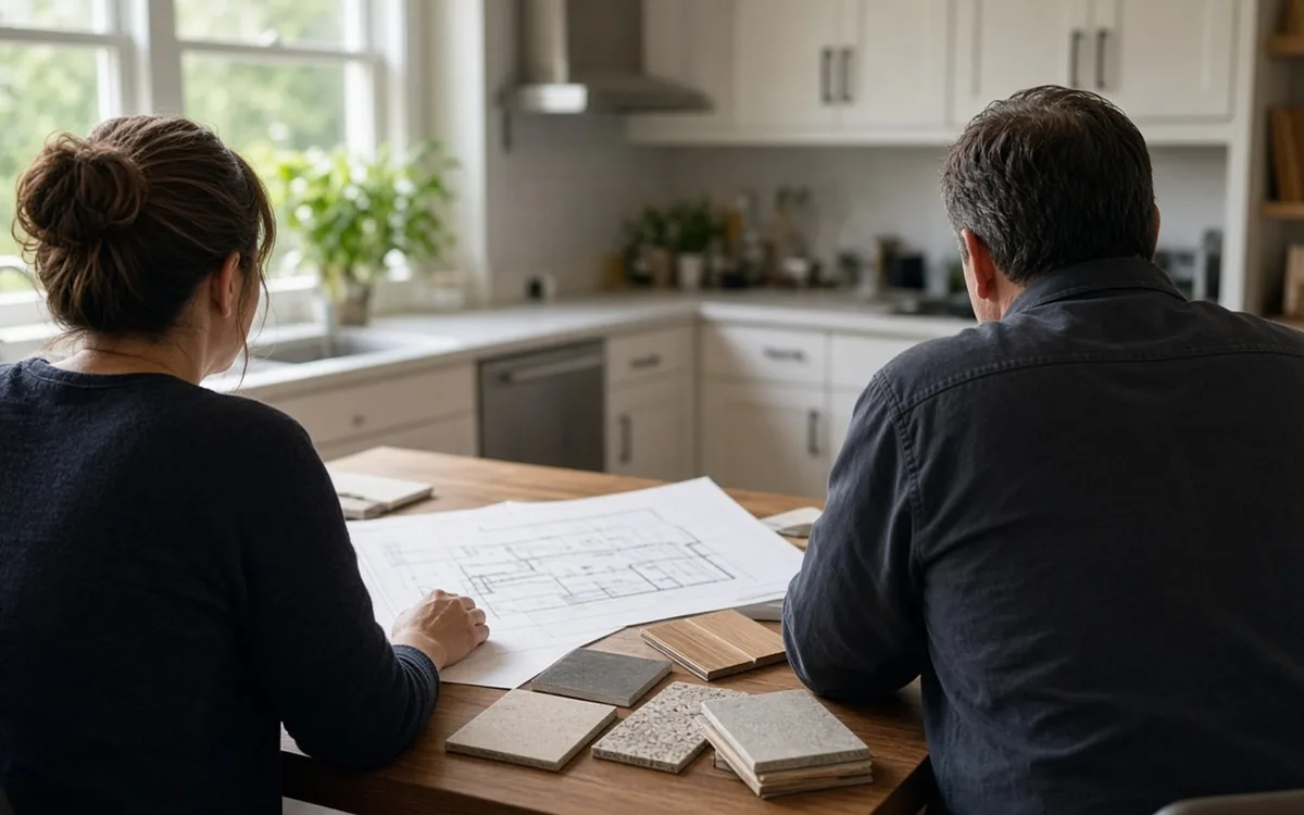 Man and woman seen from behind at a kitchen table studying a floor plan surrounded by tile and stone samples