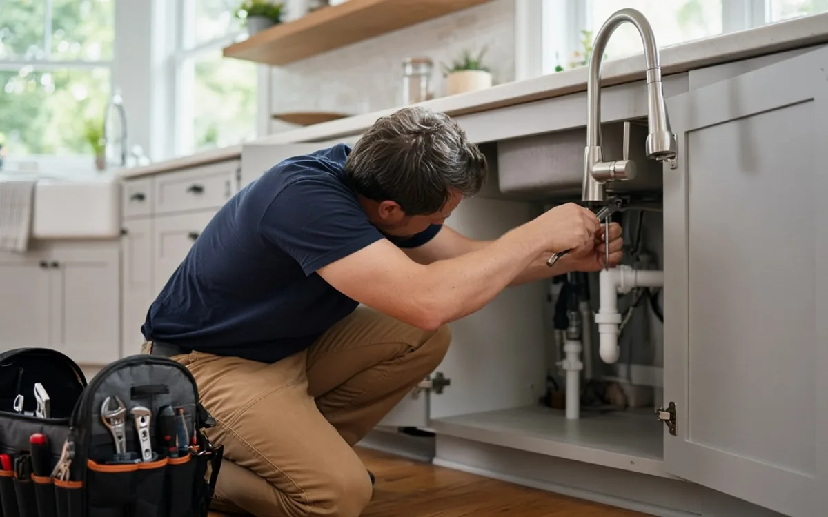 Man in a navy t-shirt kneeling at an open sink cabinet, tightening the faucet supply line, with an open tool bag beside him