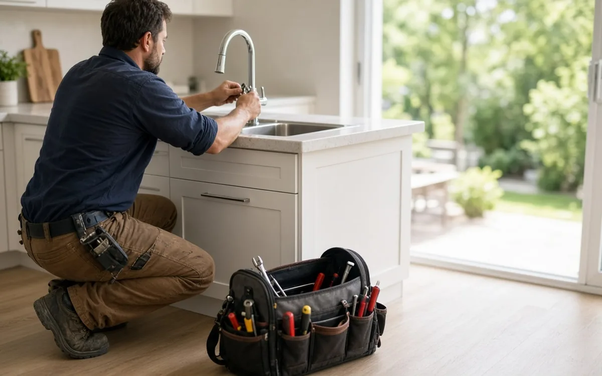 Bearded handyman crouched at a white kitchen island adjusting a chrome faucet, tool bag on the floor by a garden door