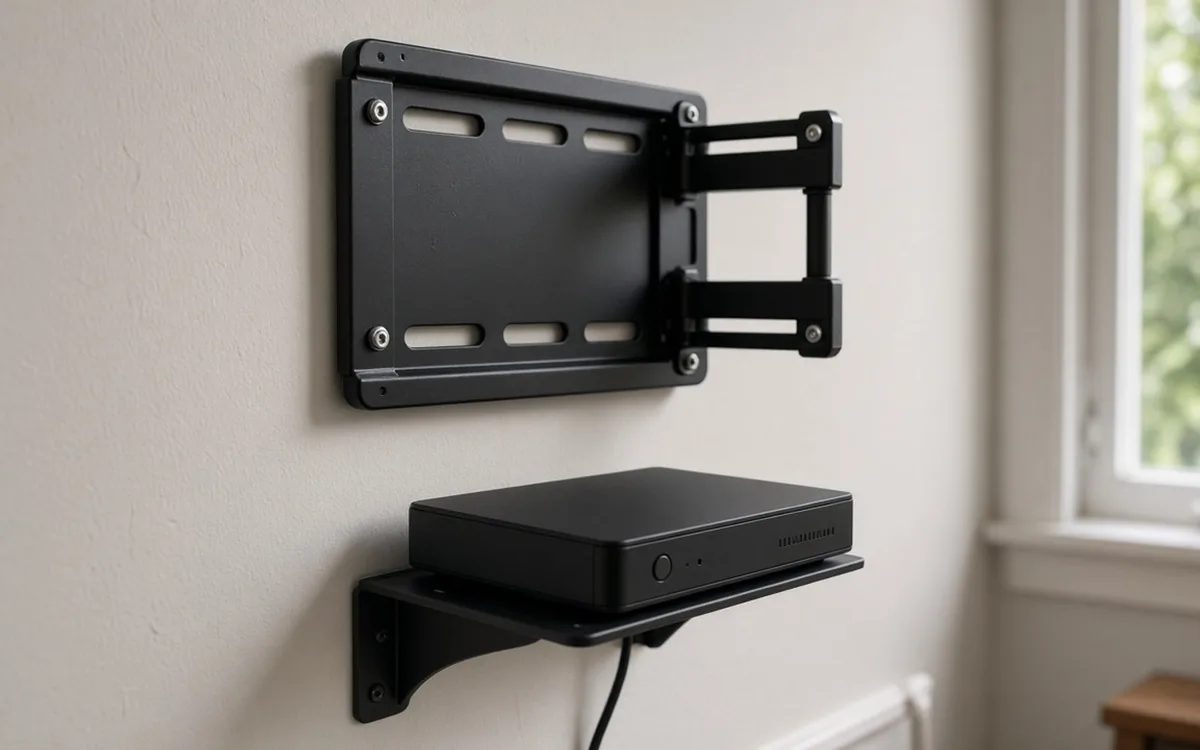 Black articulating TV wall bracket mounted on a pale wall above a small floating shelf holding a black media box