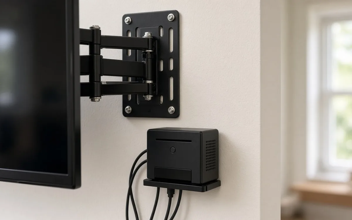 Close view of a black full-motion TV arm bolted to a wall, with a black streaming box on a small shelf and cables below