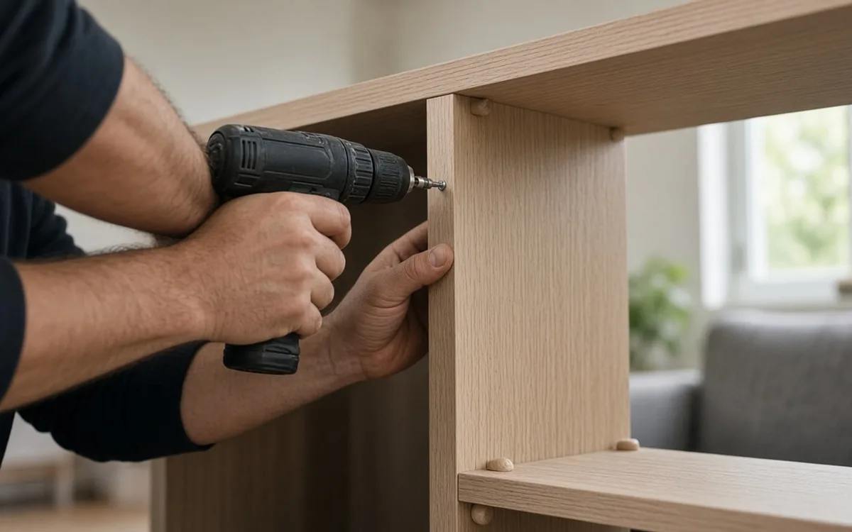 Handyman lagging a TV wall mount into marked studs in a living room, level resting on the bracket