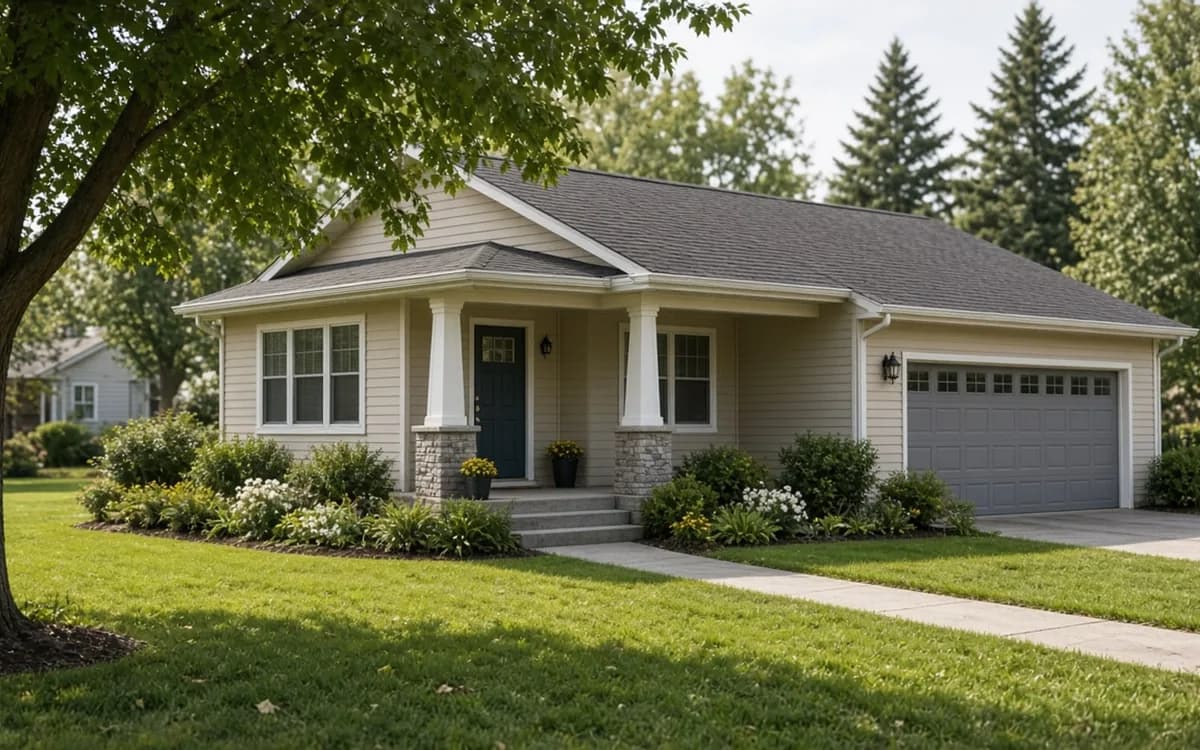 Beige single-storey house with square porch columns on stone bases, a grey garage door and flower beds under a shade tree