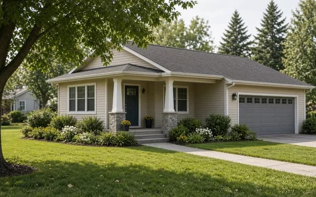Beige single-storey house with square porch columns on stone bases, a grey garage door and flower beds under a shade tree