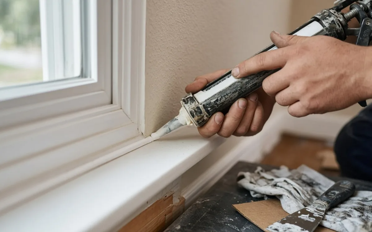Handyman adjusting a bedroom door hinge with a cordless drill, toolbox open on the hallway floor