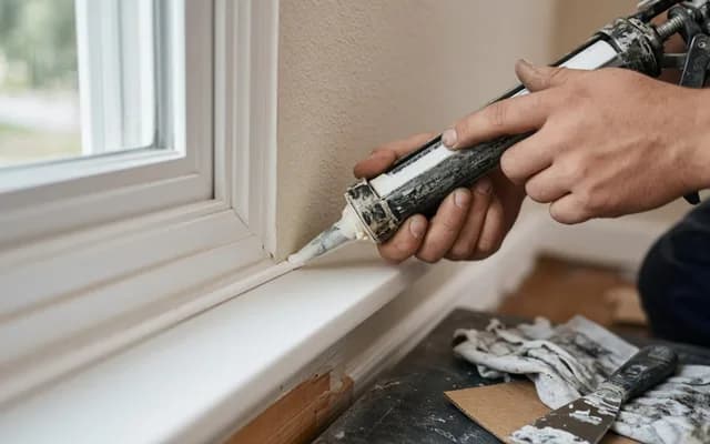 Hands running a bead of white caulk along a window sill joint with a caulk gun, a putty knife and rags on the floor