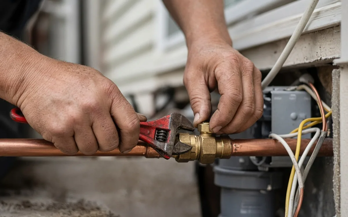 Hands holding a red adjustable wrench on a brass fitting on copper pipe, next to a grey box with yellow and white wires
