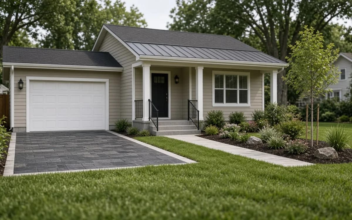 Tidy beige bungalow with a metal-roofed porch, black railings, a white garage door and a dark paver driveway