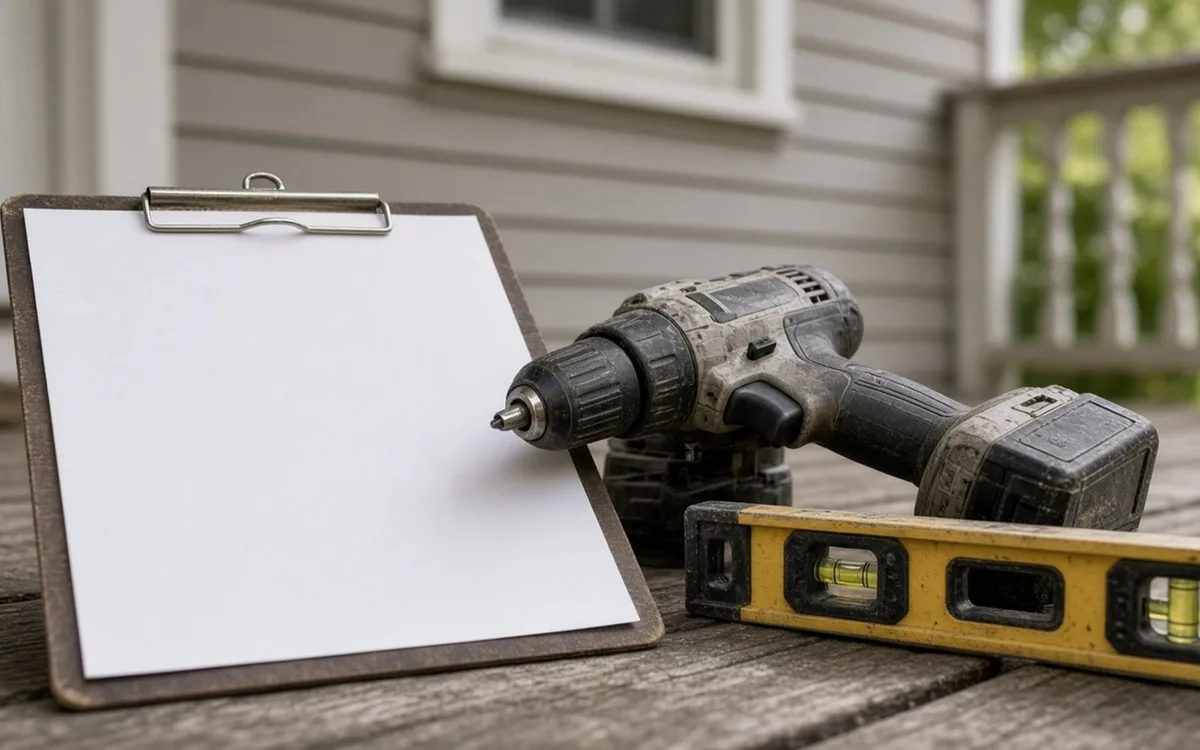 Blank clipboard, a worn cordless drill and a yellow spirit level resting on weathered porch boards by grey siding
