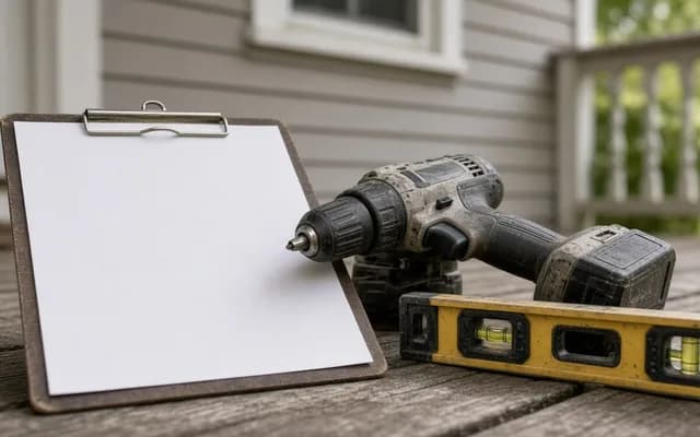Blank clipboard, a worn cordless drill and a yellow spirit level resting on weathered porch boards by grey siding