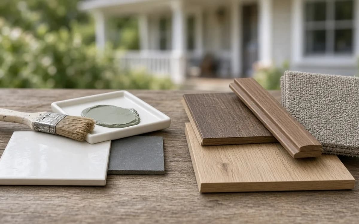 Paint swatch dish, a brush, white and grey tiles, wood plank samples and a carpet swatch on an outdoor table by a porch