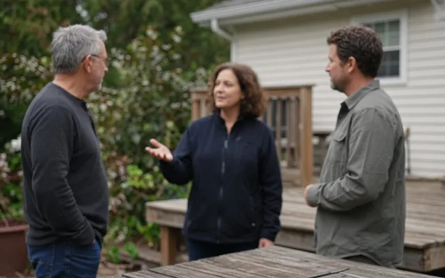 Woman in a navy fleece talking with two men beside a weathered picnic table and wooden deck behind a white house