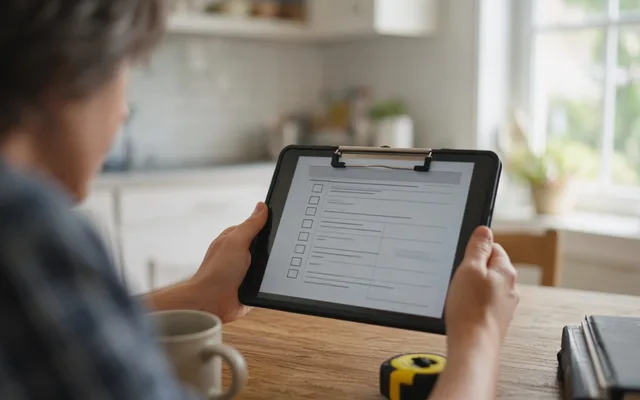 Person holding a clipboard-style tablet showing a checklist, with a mug, a tape measure and a notebook on the table