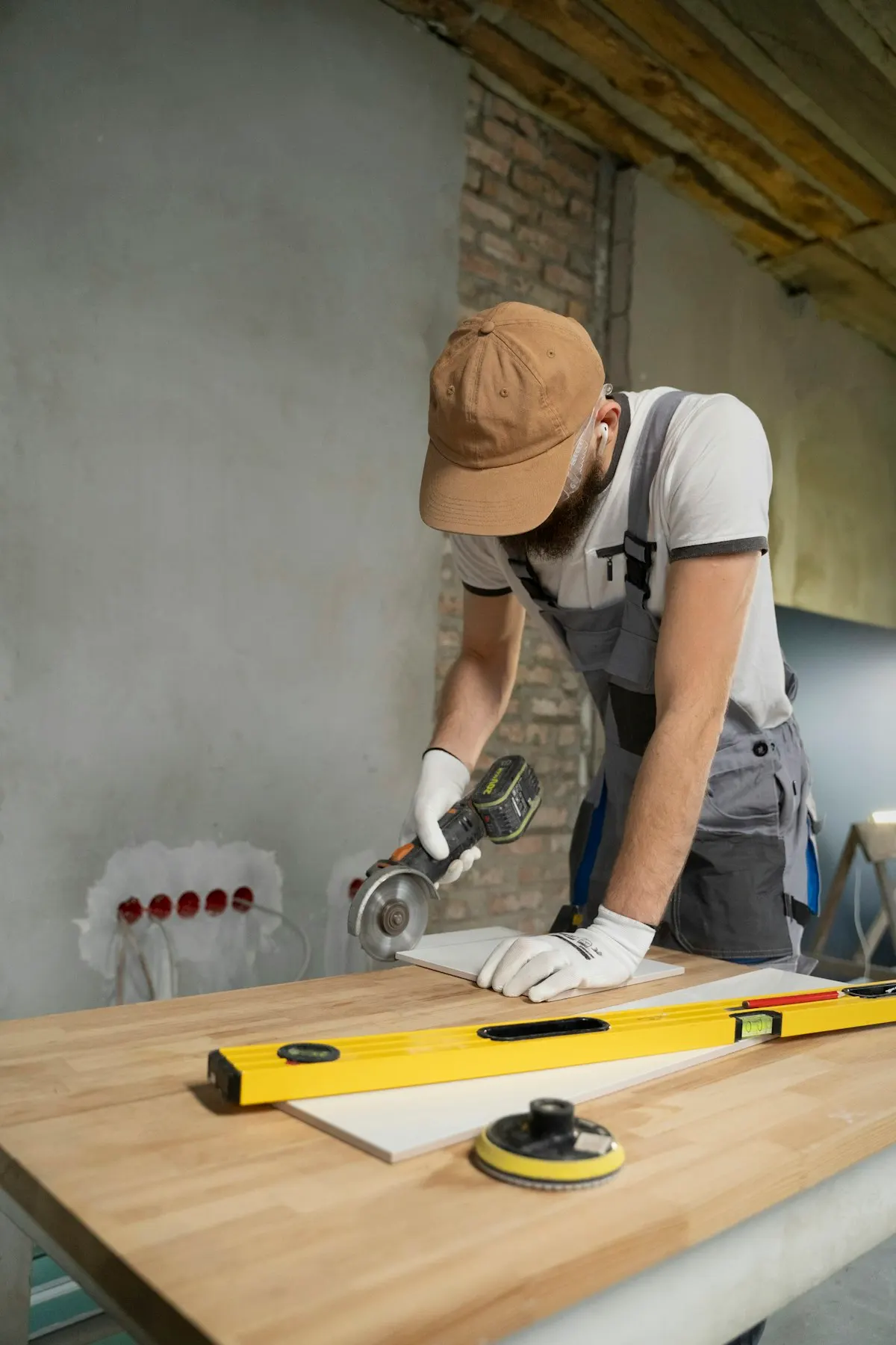 Worker measuring a board with a spirit level nearby