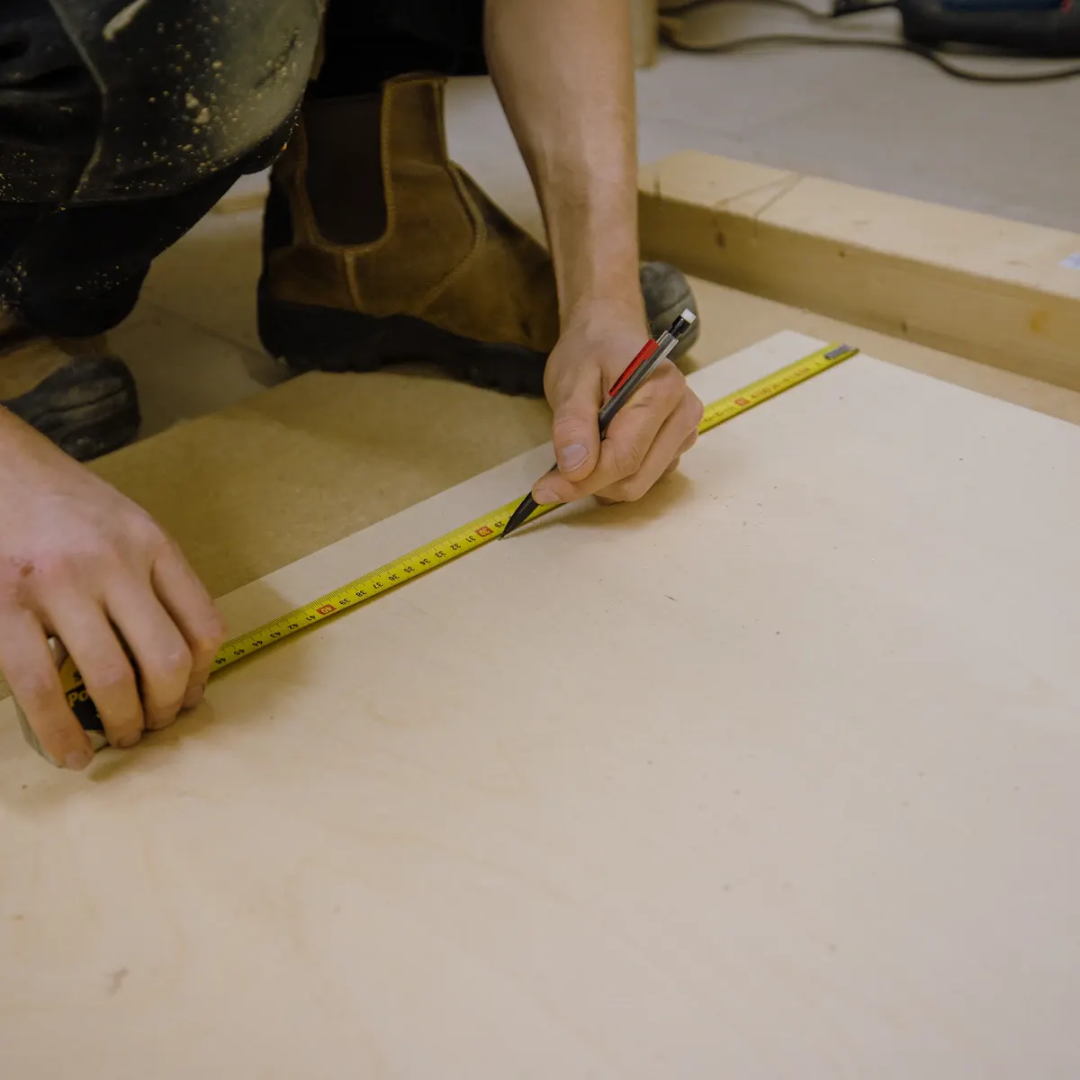 Hands measuring a timber board on a workbench