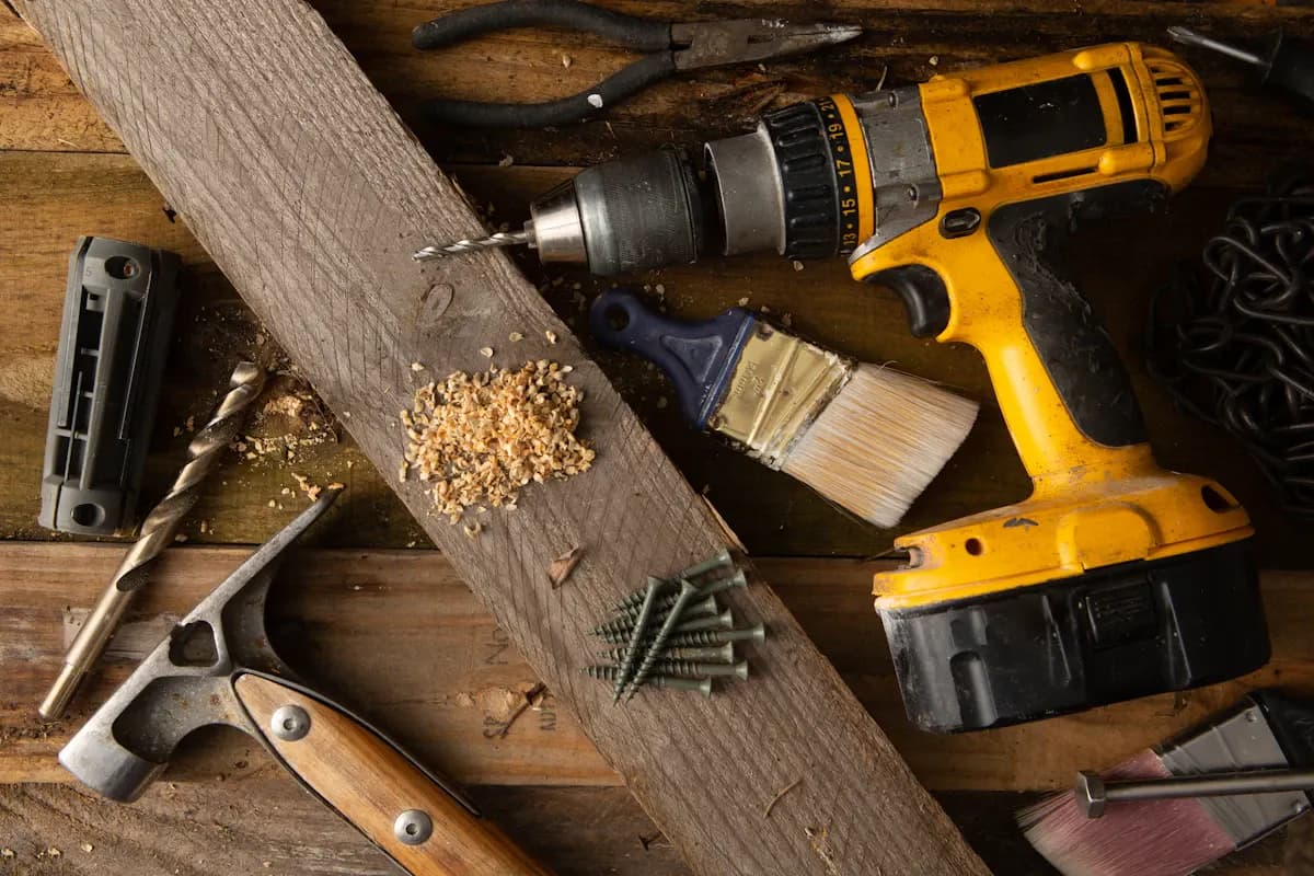 Cordless drill and hand tools arranged on a workbench
